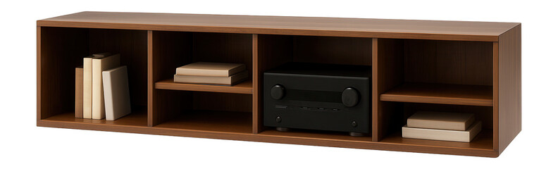 Obraz premium Spacious credenza with open shelves, ideal for a home theater in a media room.