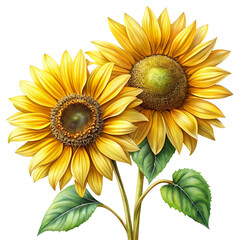 Naklejka premium Vibrant yellow sunflowers with detailed petals and green leaves against a stark black background