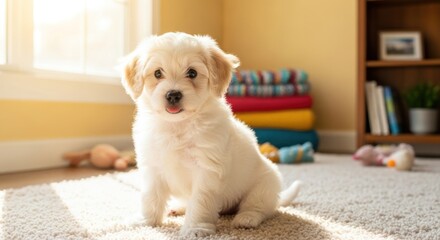 Charming Fluffy White Puppy Sits on a Carpet, Bathed in Soft Morning Sunlight