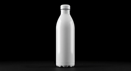 A sleek white reusable water bottle stands upright against a stark black backdrop
