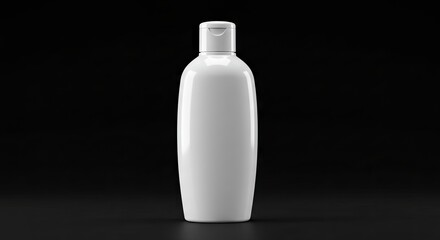 A sleek white shampoo bottle with a fliptop lid on a solid black background
