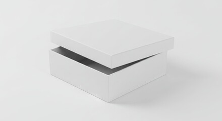 A slightly open square white box sits on a white surface casting a subtle shadow