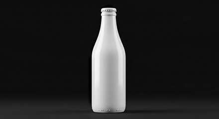 A white glass bottle with a silver cap set against a dark background