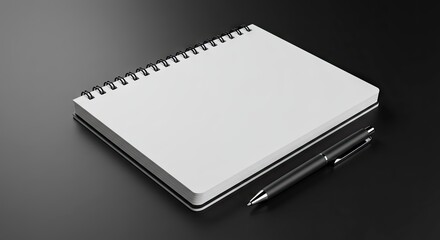 A spiral notebook with blank white pages rests beside a black pen on a dark surface