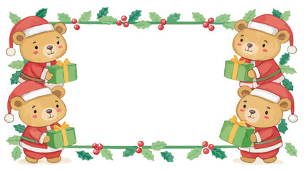 Fototapeta premium Cute teddy bears in Santa hats holding gifts forming a Christmas frame