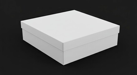 A square white box rests on a solid black surface its lid neatly covering the base