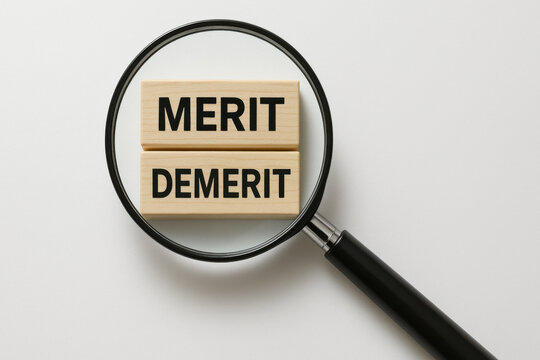 Magnifying glass highlighting wooden blocks with text merit and demerit on clean white background, symbolizing business pros and cons concept with clear focus and minimal style
