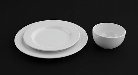 A stack of two white plates sits beside a matching white bowl on a solid black surface