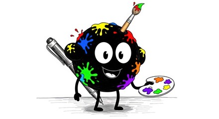Vibrant Art Blob Character with Paint Splatters, Pen, Brush, and Palette on White