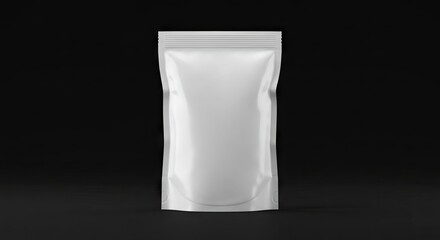 A standing white sealed bag against a black background possibly a mockup for product packaging