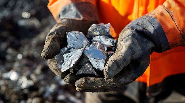 Gloved hands cradle a pile of shiny, raw ore, glistening under the light. The metallic chunks hint at earth's hidden resources, a moment captured in extractive industry.