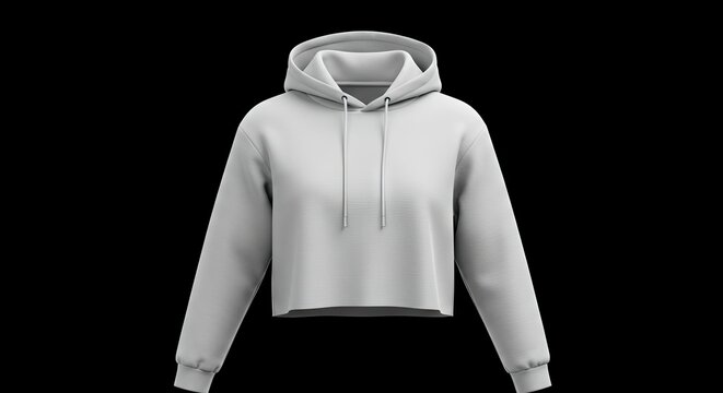 A white hooded shortcut longsleeved sweatshirt is isolated against a stark black background