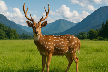 Fototapeta premium Spotted deer with antlers standing in bright green meadow with mountains and blue sky with clouds in background, showcasing wildlife beauty and natural environment