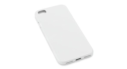 A tilted white phone case displays its camera cutout side button port opening  speaker holes against a stark white background