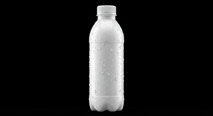A translucent white plastic bottle covered in water droplets against a black backdrop