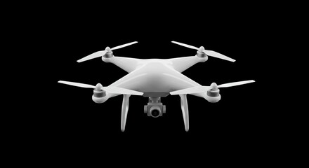 A white quadcopter drone with four propellers and a camera suspended below isolated against a black background