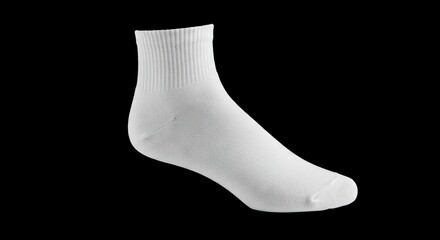 A white ankle sock with visible ribbed knit at the cuff isolated on a black backdrop