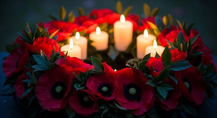 Memorial poppy wreath with lit candles symbolizing remembrance and peace