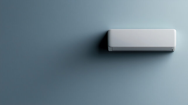 A minimalist, wall-mounted air conditioner against a smooth, blue wall. The sleek design and subtle shadows create a modern, comfortable climate control solution.