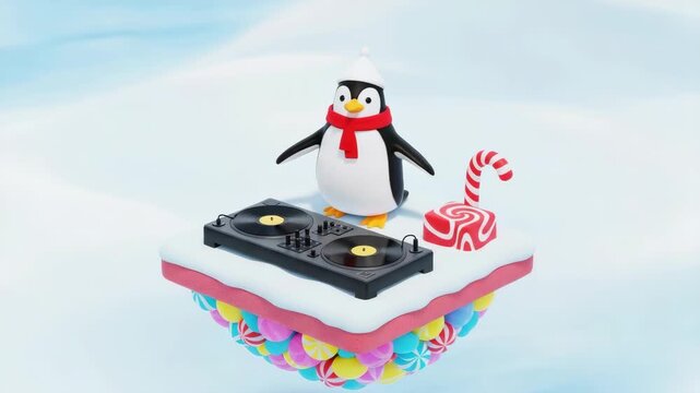 Animated penguin dj spinning beats on floating island with candy decor