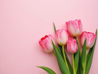 Fototapeta premium Pink tulips flowers on pink background. Greeting Card for Mothers day. 8 March,