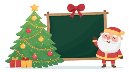 Cartoon Santa Claus and Christmas Tree with Blackboard