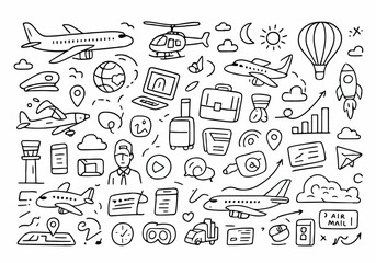 Hand-drawn Doodle Style Vector Set of Airplanes and Aviation, Black Outline Sketch Illustrations, Ideal for Both Digital and Print Use
