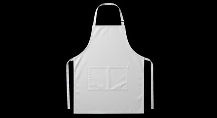 A white apron with a front pocket centered against a stark black background
