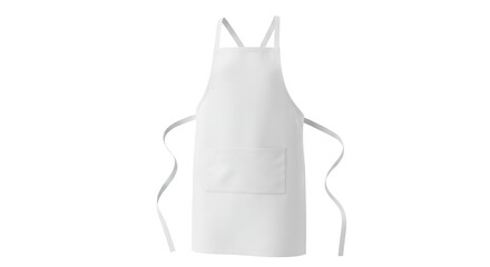 A white apron with a pocket and straps positioned against a plain white background