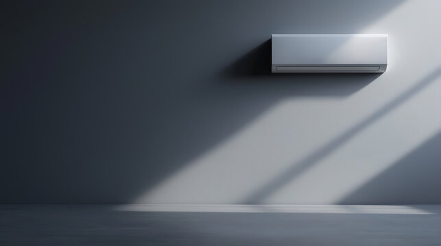 Modern wall-mounted air conditioner unit casting shadows in a room. Cool comfort meets minimalist design. Enjoy a tranquil climate with smart home technology. - Powered by Adobe