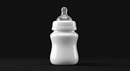 A white baby bottle with a transparent nipple is centered on a solid black background