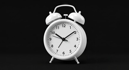 A white vintagestyle alarm clock with bells and a legible face shows a time of 1009 on a black background
