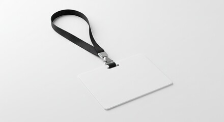 A white badge with a black lanyard rests on a white surface