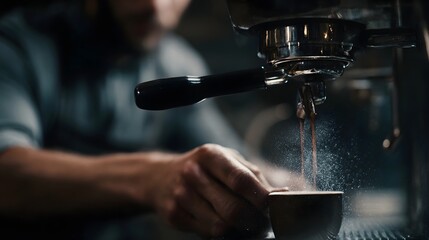 A skilled barista pulls a rich aromatic espresso shot from a professional coffee hine creating steam and droplets