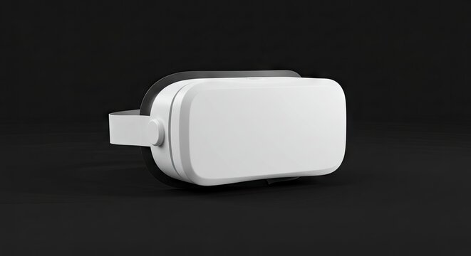 A white VR headset lies on a dark surface Minimalist modern design with adjustable strap is visible