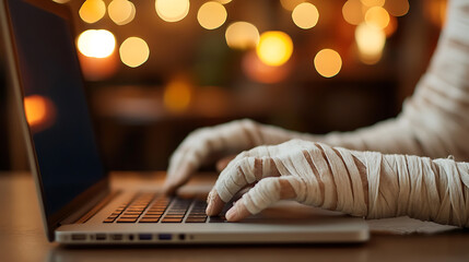 Fototapeta na wymiar A mummy is using a laptop with bandaged hands against a bokeh background. A humorous spin on modern life, perfect for Halloween-themed content, blending technology with ancient mystery. Fototapeta na wymiar A mummy is using a laptop with bandaged hands against a bokeh background. A humorous spin on modern life, perfect for Halloween-themed content, blending technology with ancient mystery.