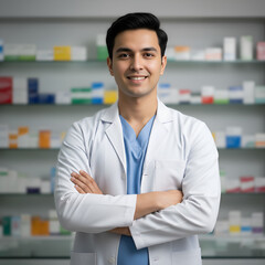 smiling young Indian male pharmacist standing confidently in medical store environment