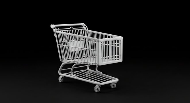A white wire shopping cart stands on a black background