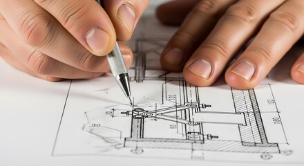 Skilled hands meticulously drawing architectural blueprints with a precision pencil on a detailed plan