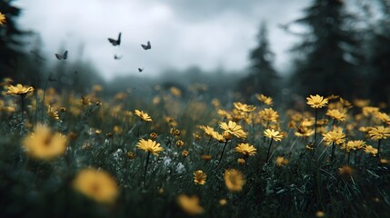 A serene meadow filled with blooming yellow daisies and fluttering butterflies under a misty overcast sky
