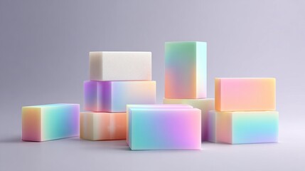 Obraz premium Soft Pastel Gradient Geometric Blocks and Textured White Cube Artfully Stacked, Ethereal Light