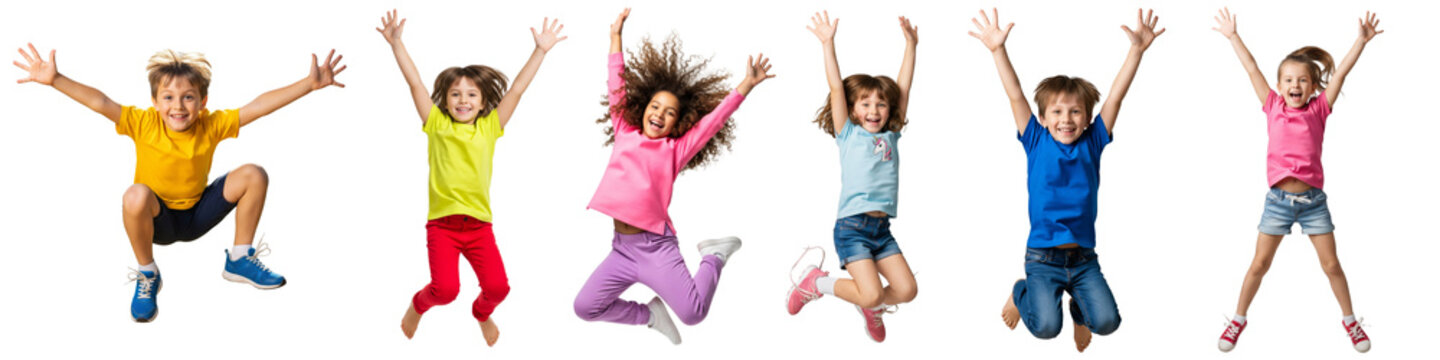 Group of young boys and girls jumping, smiling, full of energy, captured in motion isolated on white or transparent background background