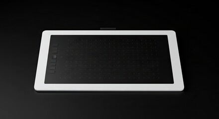 A whiteedged graphic tablet with a black dotted screen rests on a dark matte surface