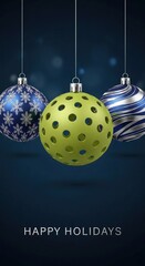 Colorful holiday ornaments hang against a dark background, featuring a unique pickleball ball among traditional designs. Perfect for festive greetings this season