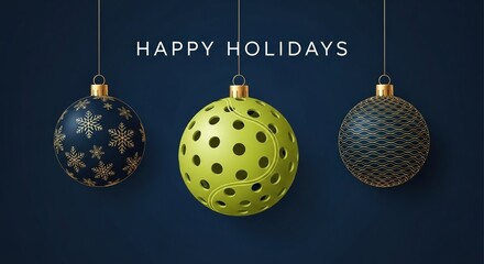 Colorful Christmas balls and a unique pickleball ornament hang against a deep blue background, expressing holiday cheer and sportsmanship during the festive season