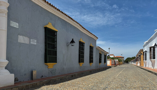 Colorful colonial architecture with cobblestones and traditional windows - Santa Ana de Coro, Venezuela