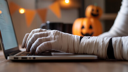 Naklejka premium Mummy on the computer. Spooky season with a touch of tech! Wrapped up but still getting work done. Digital world, haunted house vibes, Halloween, coding, and fun.