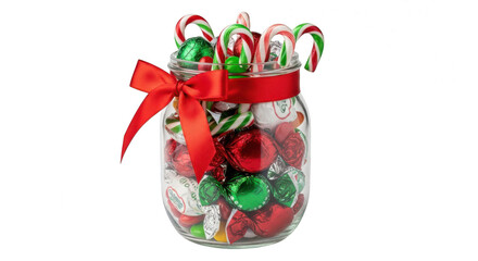 Jar full of christmas candy canes and wrapped chocolates isolated on transparent background