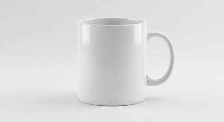 Fototapeta premium A glossy white ceramic mug with a rounded handle on a white surface