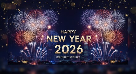 Sparkling Fireworks Display over City Skyline for Happy New Year 2026 Celebration